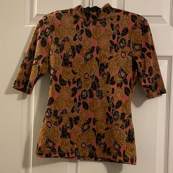 Mock Neck Pink and Brown Floral Shirt - Picture 2 of 5